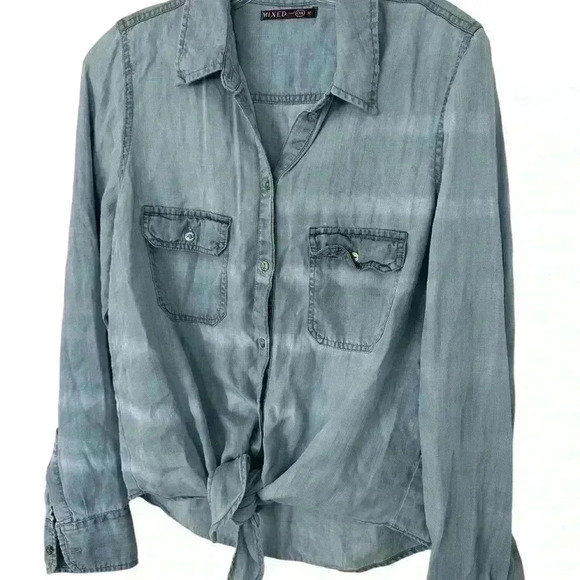 Mixed Para C&A Tie Waist Long Sleeve Collard  Button Down Denim Shirt Size M - Picture 2 of 6